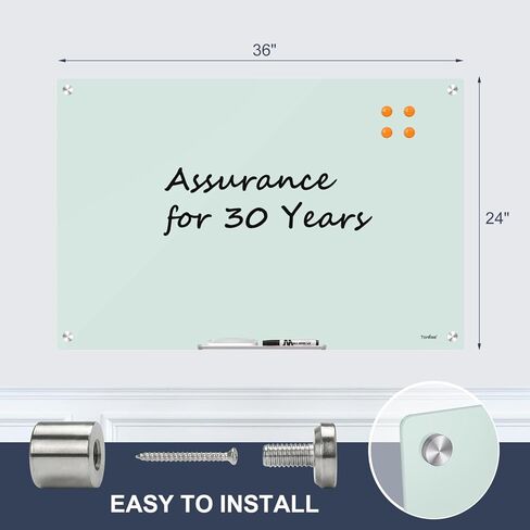 لوح أبيض زجاجي للمسح الجاف - لوح أبيض زجاجي مغناطيسي من TANKEE مقاس 36 × 24 بوصة، لوح أبيض حديث كبير بدون إطار للجدار والمكتب والمنزل والمدرسة، مع صينية قلم تحديد، مقاس 3 × 2 بوصة in Kuwait