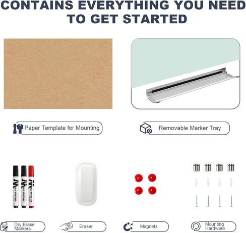 لوح أبيض زجاجي للمسح الجاف - لوح أبيض زجاجي مغناطيسي من TANKEE مقاس 36 × 24 بوصة، لوح أبيض حديث كبير بدون إطار للجدار والمكتب والمنزل والمدرسة، مع صينية قلم تحديد، مقاس 3 × 2 بوصة in Kuwait