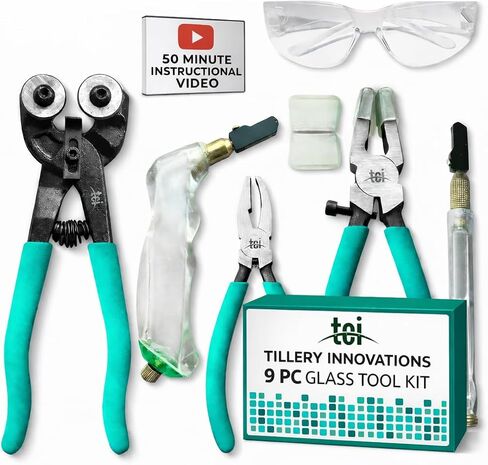 Professional Nine PC Stained Glass Tool Kit with Instructional Video, Carbide Wheel Mosaic Cutter, Oil Filled Pistol and Pencil Grip Cutter, 1" Running Pliers, Breaking and Grozer Pliers in Kuwait