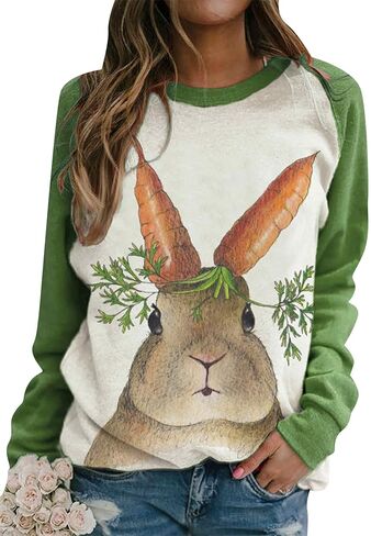 FLITAY Women's Easter Basic Sweatshirt Crew Neck Long Sleeve Sweatshirt Casual Loose Sweatshirt with Rabbit Print in Saudi Arabia