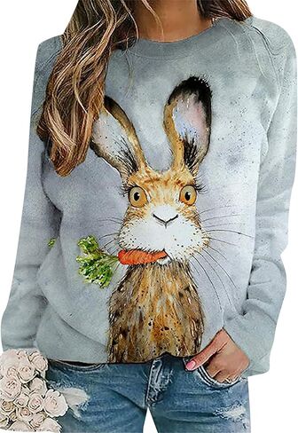 FLITAY Women's Easter Basic Sweatshirt Crew Neck Long Sleeve Sweatshirt Casual Loose Sweatshirt with Rabbit Print in Saudi Arabia