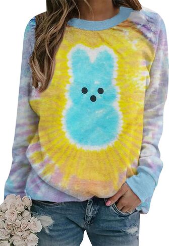 FLITAY Women's Easter Basic Sweatshirt Crew Neck Long Sleeve Sweatshirt Casual Loose Sweatshirt with Rabbit Print in Saudi Arabia
