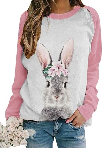 FLITAY Women's Easter Basic Sweatshirt Crew Neck Long Sleeve Sweatshirt Casual Loose Sweatshirt with Rabbit Print in Saudi Arabia