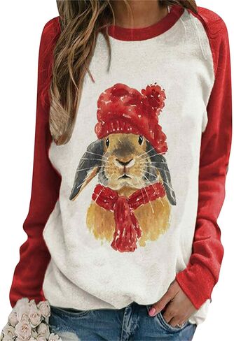FLITAY Women's Easter Basic Sweatshirt Crew Neck Long Sleeve Sweatshirt Casual Loose Sweatshirt with Rabbit Print in Saudi Arabia