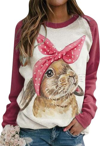 FLITAY Women's Easter Basic Sweatshirt Crew Neck Long Sleeve Sweatshirt Casual Loose Sweatshirt with Rabbit Print in Saudi Arabia