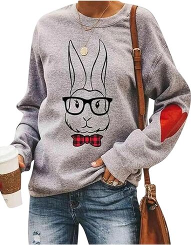 FLITAY Women's Easter Basic Sweatshirt Crew Neck Long Sleeve Sweatshirt Casual Loose Sweatshirt with Rabbit Print in Saudi Arabia