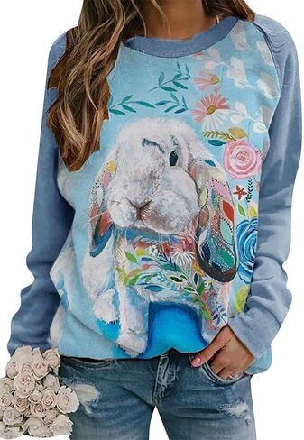 FLITAY Women's Easter Basic Sweatshirt Crew Neck Long Sleeve Sweatshirt Casual Loose Sweatshirt with Rabbit Print in Saudi Arabia