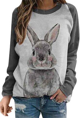 FLITAY Women's Easter Basic Sweatshirt Crew Neck Long Sleeve Sweatshirt Casual Loose Sweatshirt with Rabbit Print in Saudi Arabia