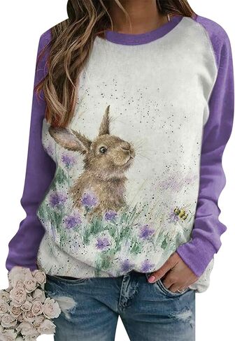 FLITAY Women's Easter Basic Sweatshirt Crew Neck Long Sleeve Sweatshirt Casual Loose Sweatshirt with Rabbit Print in Saudi Arabia