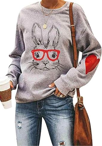 FLITAY Women's Easter Basic Sweatshirt Crew Neck Long Sleeve Sweatshirt Casual Loose Sweatshirt with Rabbit Print in Saudi Arabia