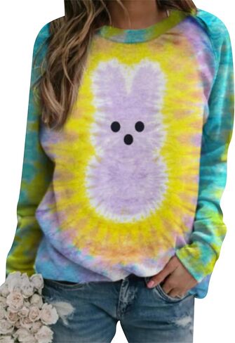 FLITAY Women's Easter Basic Sweatshirt Crew Neck Long Sleeve Sweatshirt Casual Loose Sweatshirt with Rabbit Print in Saudi Arabia