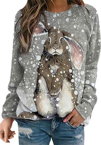FLITAY Women's Easter Basic Sweatshirt Crew Neck Long Sleeve Sweatshirt Casual Loose Sweatshirt with Rabbit Print in Saudi Arabia