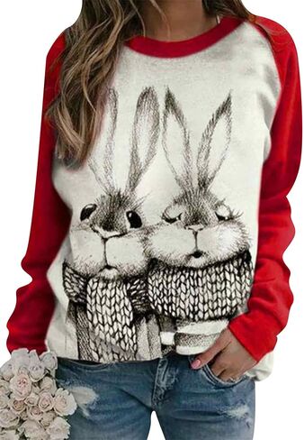 FLITAY Women's Easter Basic Sweatshirt Crew Neck Long Sleeve Sweatshirt Casual Loose Sweatshirt with Rabbit Print in Saudi Arabia