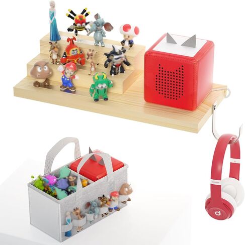 for Tonie Shelf Magnetic - Wooden Tonies Organizer with Carrying Bag, 3 Tiered Magnetic Display Shelf for Toniebox Holder, Wall Mount/Countertop Use Tonies Toy Storage for Kids Room/Playroom (Wood) in Kuwait