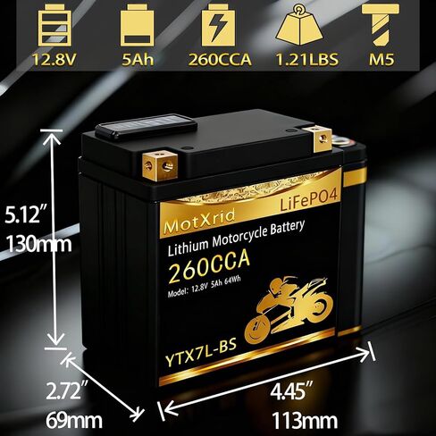 YTX7L-BS 260A Lithium LiFePO4 Motorcycle Battery, 12.8V 5AH, Fits for ATV,UTV,Jet Ski,PWC,Scooter,Lawn Mower,Tractor,Snowmobile,Smart BMS,Digital Readout,3X Cranking Amps,5X Life in Saudi Arabia