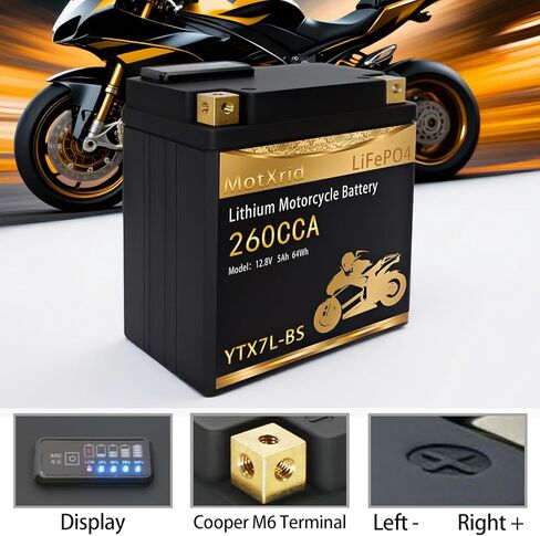 YTX7L-BS 260A Lithium LiFePO4 Motorcycle Battery, 12.8V 5AH, Fits for ATV,UTV,Jet Ski,PWC,Scooter,Lawn Mower,Tractor,Snowmobile,Smart BMS,Digital Readout,3X Cranking Amps,5X Life in Saudi Arabia