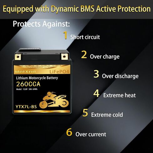 YTX7L-BS 260A Lithium LiFePO4 Motorcycle Battery, 12.8V 5AH, Fits for ATV,UTV,Jet Ski,PWC,Scooter,Lawn Mower,Tractor,Snowmobile,Smart BMS,Digital Readout,3X Cranking Amps,5X Life in Saudi Arabia
