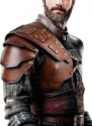 أزياء العصور الوسطى لفارس عصر النهضة الجلدية للكتف من الفايكنج بولدرونز للرجال والنساء باللون البني in Kuwait