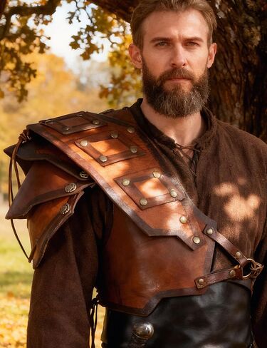 أزياء العصور الوسطى لفارس عصر النهضة الجلدية للكتف من الفايكنج بولدرونز للرجال والنساء باللون البني in Kuwait