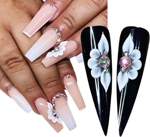 Set 8Pcs 3D Flowers Nails Charms With Rhinestone Gems Handmade by Acrylic Powder Design For Long Nail L,XL,XXL Flower Nail Art Floral Salon Decor Women Girls (White 7 Rhinestones-8PCs) in Kuwait