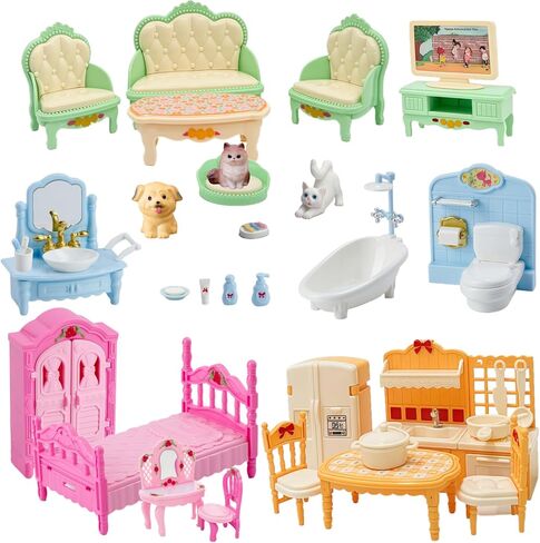 Dollhouse Furniture Set, Complete Room Collection with Kitchen, Dining, Living Room, Bedroom and Bathroom Accessories, Plastic (36-Piece Hrown) in Saudi Arabia