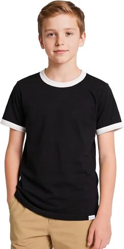 Boys Ringer T-Shirt Short Sleeve Cotton Blend Crewneck Retro Tee Vintage Contrast Trim Tops in Saudi Arabia