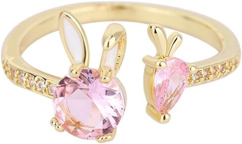 Dtja Dainty Pink CZ Bunny Rabbit Carrot Adjustable Ring for Women 14K Gold Plated Crystal Animal Statement Expandable Open Wrap Rings Cute Promise Birthday Easter Accessories Jewelry Gift in Saudi Arabia