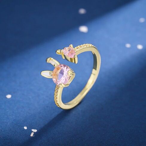 Dtja Dainty Pink CZ Bunny Rabbit Carrot Adjustable Ring for Women 14K Gold Plated Crystal Animal Statement Expandable Open Wrap Rings Cute Promise Birthday Easter Accessories Jewelry Gift in Saudi Arabia