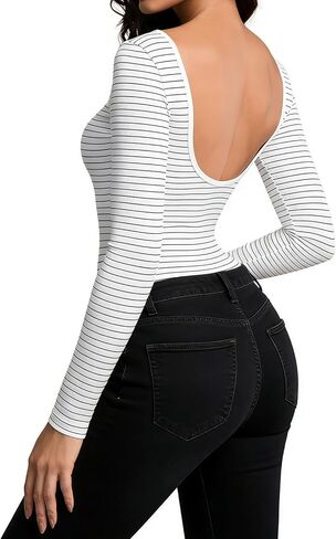 Long Sleeve Backless Black Bodysuit Stripe Tops Shirts Open Back Slim Fit Croop Neck Going Out Sexy Basic Tops in Saudi Arabia