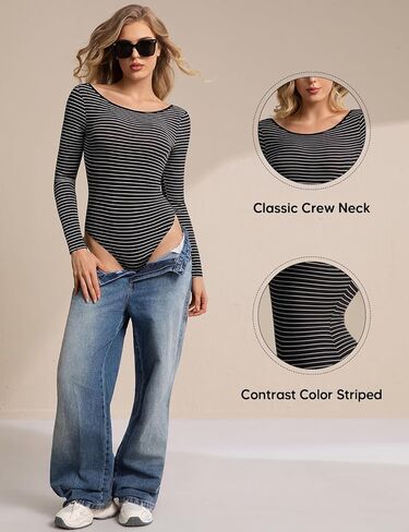 Long Sleeve Backless Black Bodysuit Stripe Tops Shirts Open Back Slim Fit Croop Neck Going Out Sexy Basic Tops in Saudi Arabia