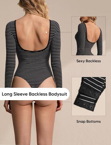Long Sleeve Backless Black Bodysuit Stripe Tops Shirts Open Back Slim Fit Croop Neck Going Out Sexy Basic Tops in Saudi Arabia