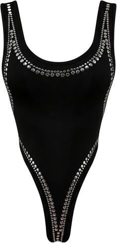 Milumia Women's Studded Scoop Neck Thong Bodysuit Sleeveless Backless Rave Party Leotard Tops in Saudi Arabia