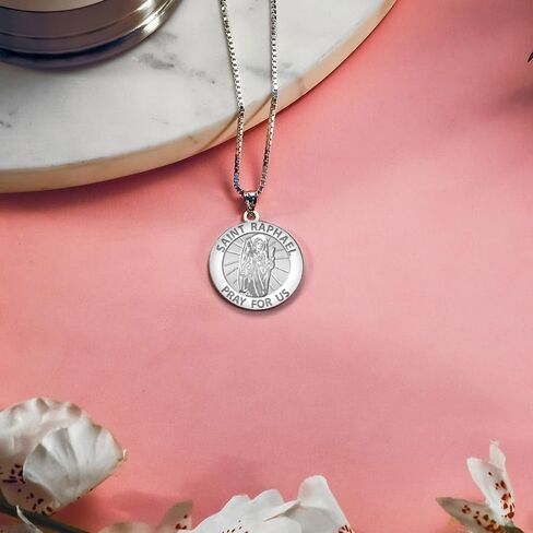 PicturesOnGold.com ميدالية القديس رافائيل الدينية - مقاس 2/3 بوصة من الدايم، الصلبة من الذهب الأبيض عيار 14 قيراط in Saudi Arabia