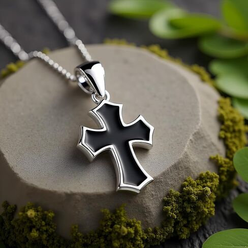 Black Cross Necklace – 925 Sterling Silver – Small Gothic Cross Pendant with Black Enamel Inlay – Christian Religious Jewelry for Men Women – Handmade in Saudi Arabia