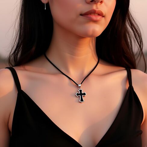 Black Cross Necklace – 925 Sterling Silver – Small Gothic Cross Pendant with Black Enamel Inlay – Christian Religious Jewelry for Men Women – Handmade in Saudi Arabia