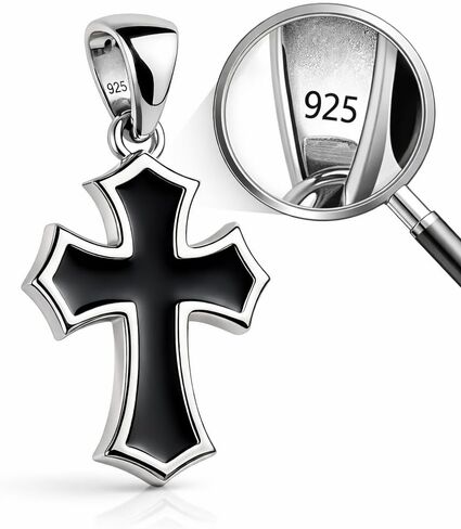 Black Cross Necklace – 925 Sterling Silver – Small Gothic Cross Pendant with Black Enamel Inlay – Christian Religious Jewelry for Men Women – Handmade in Saudi Arabia