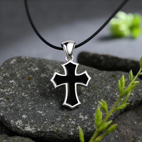 Black Cross Necklace – 925 Sterling Silver – Small Gothic Cross Pendant with Black Enamel Inlay – Christian Religious Jewelry for Men Women – Handmade in Saudi Arabia
