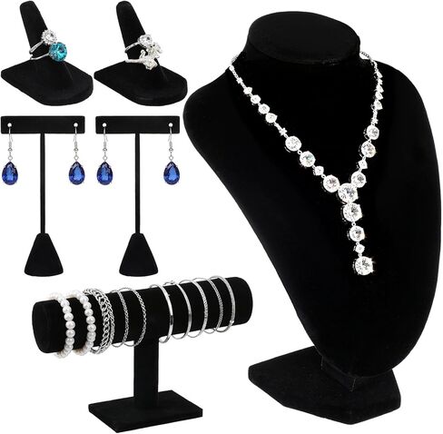 6 Pcs Velvet Jewelry Display Set- Velvet Necklace Bust Holder Mannequin Bust & T-Bar 2 T Shape Earing Stand 2 Ring Finger Jewelry Holder Bracelet Organizer in Saudi Arabia