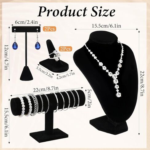 6 Pcs Velvet Jewelry Display Set- Velvet Necklace Bust Holder Mannequin Bust & T-Bar 2 T Shape Earing Stand 2 Ring Finger Jewelry Holder Bracelet Organizer in Saudi Arabia