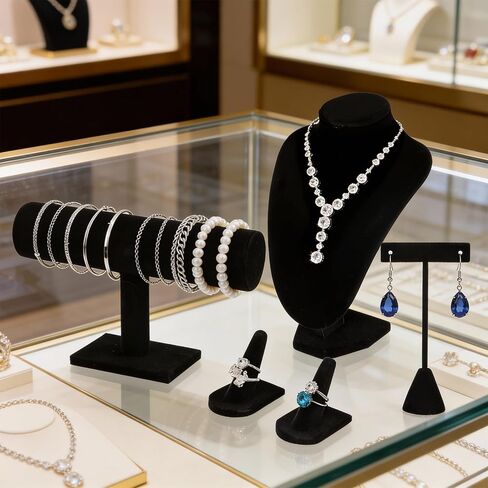 6 Pcs Velvet Jewelry Display Set- Velvet Necklace Bust Holder Mannequin Bust & T-Bar 2 T Shape Earing Stand 2 Ring Finger Jewelry Holder Bracelet Organizer in Saudi Arabia