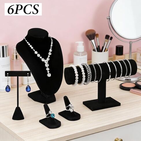 6 Pcs Velvet Jewelry Display Set- Velvet Necklace Bust Holder Mannequin Bust & T-Bar 2 T Shape Earing Stand 2 Ring Finger Jewelry Holder Bracelet Organizer in Saudi Arabia