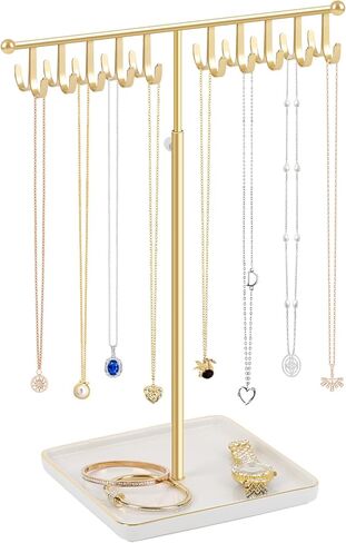 حامل قلادة حامل مجوهرات أنيق، رف منظم للقلادة الذهبية مع قاعدة سيراميك شجرة مجوهرات قابلة للتعديل للأساور والخواتم والأقراط والقلائد (ذهبي) in Kuwait