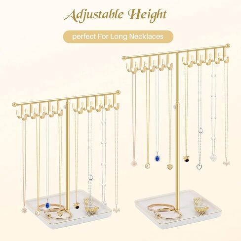 حامل قلادة حامل مجوهرات أنيق، رف منظم للقلادة الذهبية مع قاعدة سيراميك شجرة مجوهرات قابلة للتعديل للأساور والخواتم والأقراط والقلائد (ذهبي) in Kuwait