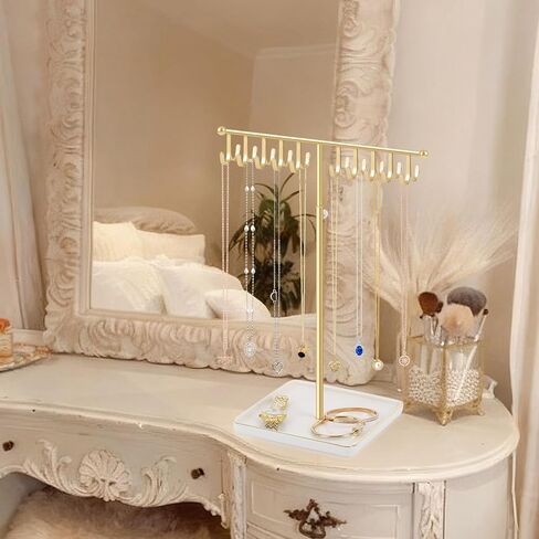 حامل قلادة حامل مجوهرات أنيق، رف منظم للقلادة الذهبية مع قاعدة سيراميك شجرة مجوهرات قابلة للتعديل للأساور والخواتم والأقراط والقلائد (ذهبي) in Kuwait