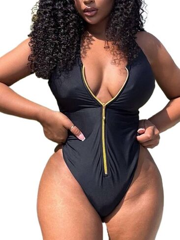 Womens Backless Casual Monokini Swimsuit with Zipper V-Neck Slimming One-Piece Bikini for Beach Vacation in Saudi Arabia