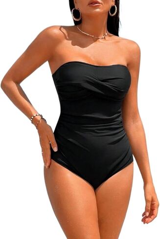 Womens Backless Ruched Bandeau Monokini Swimsuit - Summer Beach One Piece Swimwear in Saudi Arabia