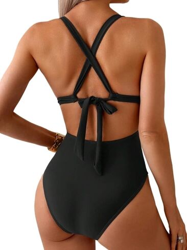 Womens Backless Full Cup Sexy Monokini Swimsuit Criss-Cross Deep V-Neck One-Piece Swimwear for Summer Beach Vacation in Saudi Arabia