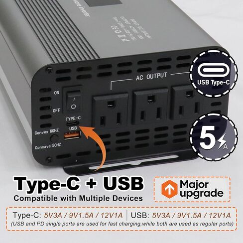 محول طاقة بموجة جيبية نقية 1500 واط مع شاشة رقمية ومنافذ تيار متردد وشحن سريع USB/Type-C، محول تيار متردد 12 فولت/24 فولت إلى 110 فولت مع حماية من الحمل الزائد لسيارة RV Truck Home Camping in Kuwait