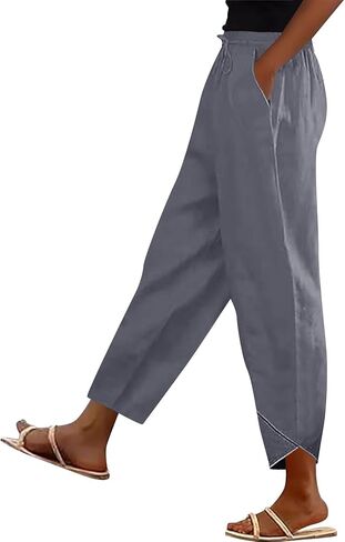 Linen Capri Pants for Women Summer Boho Dressy Casual Straight Leg Capri Pants Elastic Waist Beach Trouser with Pocket in Saudi Arabia
