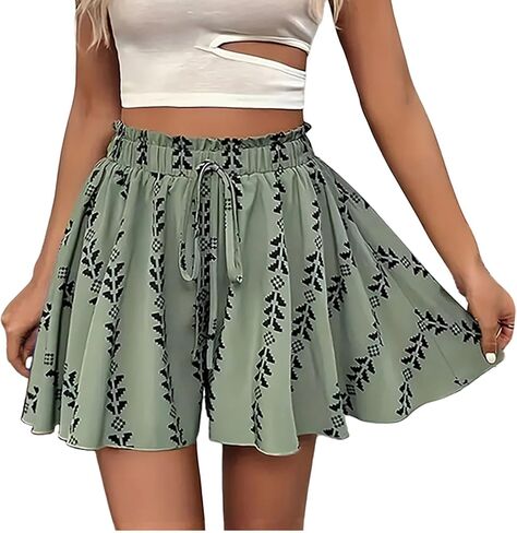 Summer Shorts for Women Beach Cruise Outfits Casual Ruffle Flowy Boho Drawstring High Waist Wide Leg Comfy Shorts in Saudi Arabia